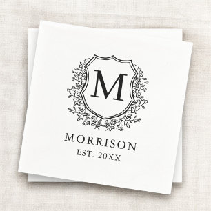 Monogram White Black Crest Botanical Wedding  Napkins