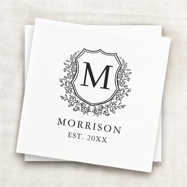 Monogram White Black Crest Botanical Wedding  Napkins (Creator Uploaded)