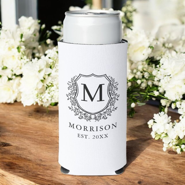 Monogram White Black Crest Botanical Wedding  Seltzer Can Cooler (Creator Uploaded)