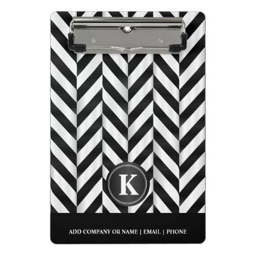 Monogram White  Black Herringbone Pattern Mini Clipboard