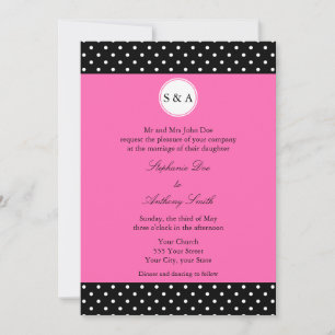 Monogram White Black, Hot Pink Polka Dot Wedding Invitation