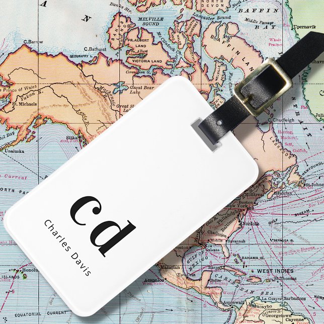 Monogram white black name initials modern luggage tag (Creator Uploaded)