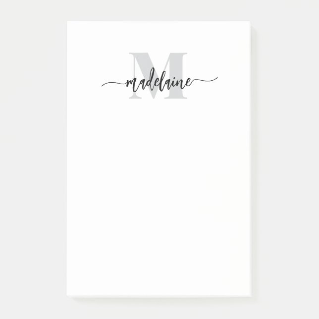 Monogram White Black Silver Personal Post-it Notes (Front)