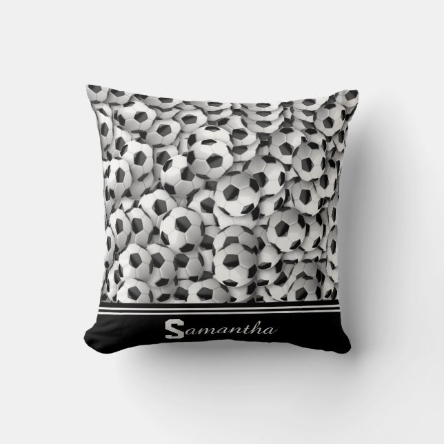 Monogram White & Black Soccer Foot Ball Pattern Throw Pillow (Front)
