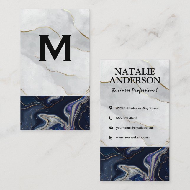 Monogram | White Blue Purple Stone | Gold Flakes Business Card (Front/Back)