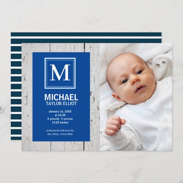 Monogram White Blue Stripe Photo Baby Boy Birth Announcement (Front/Back)