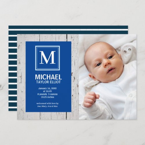 Monogram White Blue Stripe Photo Baby Boy Birth Announcement
