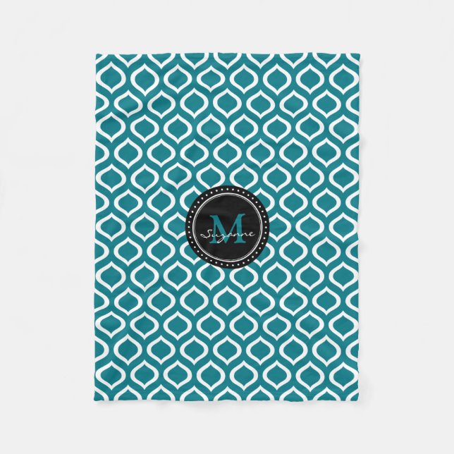 Monogram | White Blue Trellis Pattern Fleece Blanket (Front)