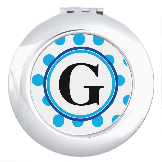 Monogram White BluePolka Dots Compact Mirror (Front)