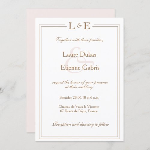 Monogram white blush gold ampersand modern wedding invitation