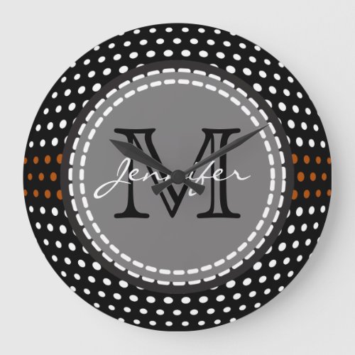 Monogram White  Brown Polka Dots Pattern Large Clock