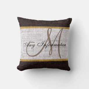 Monogram White & Brown Rustic Burlap Jute Throw Pillow