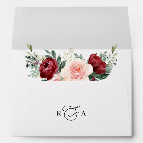 Monogram White Burgundy Floral Return Address 5x7 Envelope