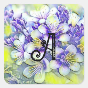 Monogram White Cherry Blossoms Watercolor  Square Sticker