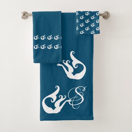 Monogram White Chic Beach house Mermaid Bath Towel Set