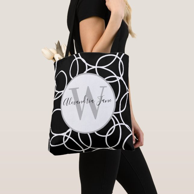 Monogram White Circles Black Modern Abstract Tote Bag (Close Up)
