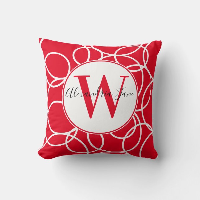 Monogram White Circles Red Modern Abstract Throw Pillow (Front)