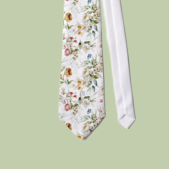 Monogram White Colorful Floral Pattern on Neck Tie (Creator Uploaded)