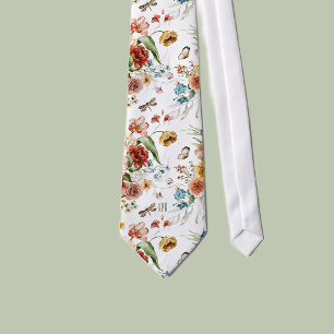 Monogram White Colorful Floral Still Life Art Neck Tie