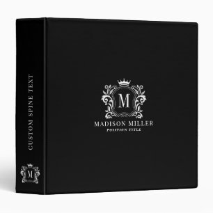 Monogram white crest scrolls crown on black 3 ring binder