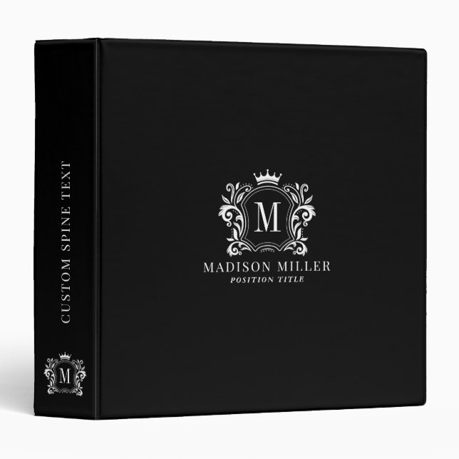 Monogram white crest scrolls crown on black 3 ring binder (Front/Spine)