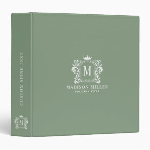 Monogram white crest scrolls crown on green 3 ring binder