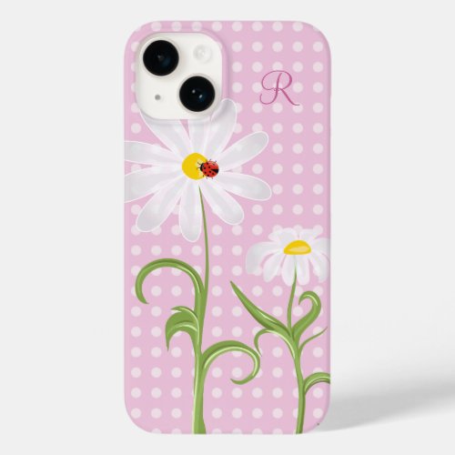 Monogram White Daisies and Lady Bug Polka Dot Pink Case_Mate iPhone 14 Case