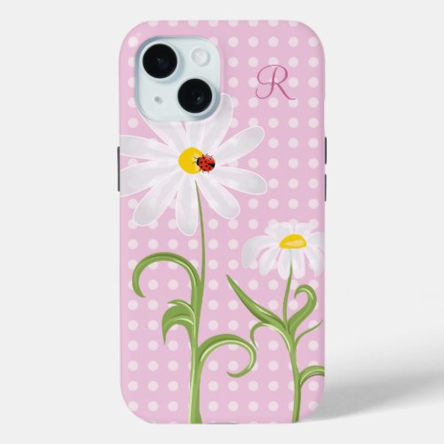 Monogram White Daisies and Lady Bug Polka Dot Pink iPhone 15 Case