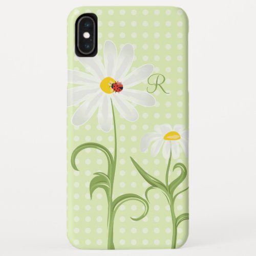 Monogram White Daisy and Lady Bug Polka Dot Green iPhone XS Max Case