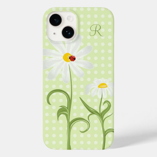 Monogram White Daisy and Lady Bug Polka Dot Green Case-Mate iPhone Case (Back)
