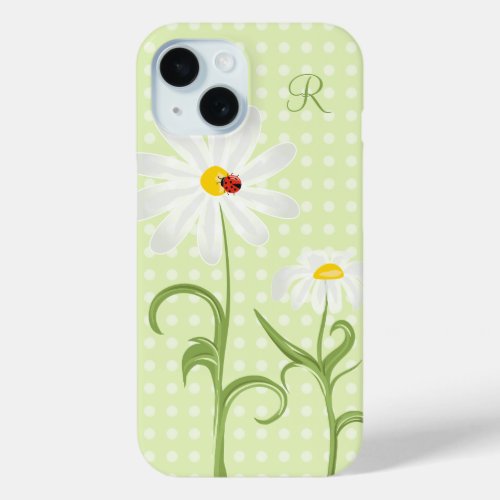 Monogram White Daisy and Lady Bug Polka Dot Green iPhone 15 Case