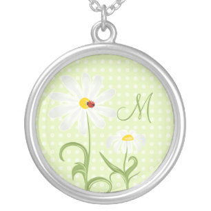Monogram White Daisy and Lady Bug Polka Dot Green Silver Plated Necklace
