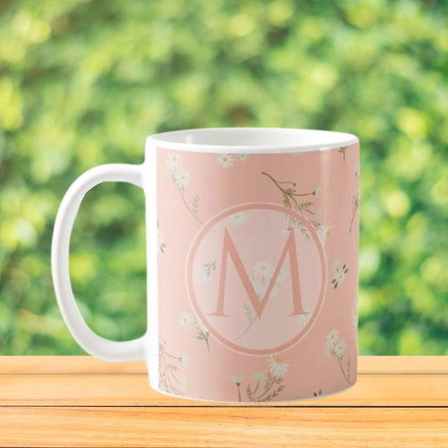 Monogram White Daisy Flower Floral Pattern Coffee Mug (Close up, On the table)