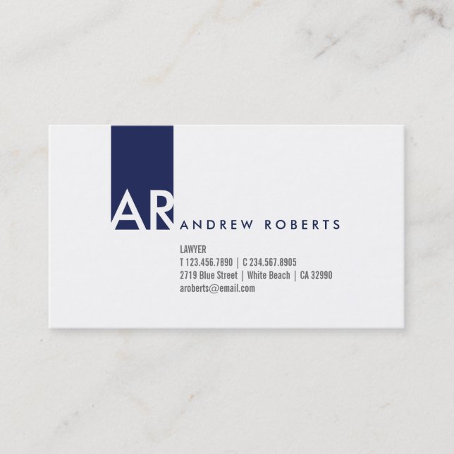 Monogram White Dark Blue Clean Business Card (Front)