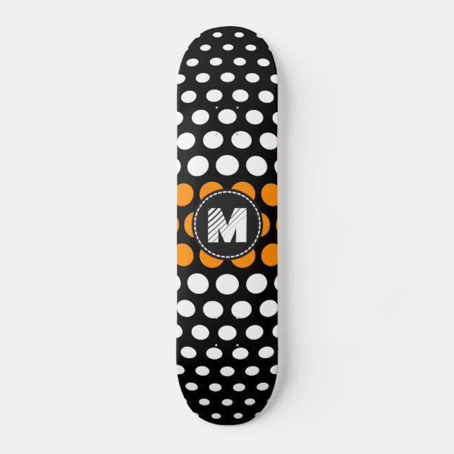 Monogram White & Dark orange Polka Dots Pattern Skateboard Deck (Front)