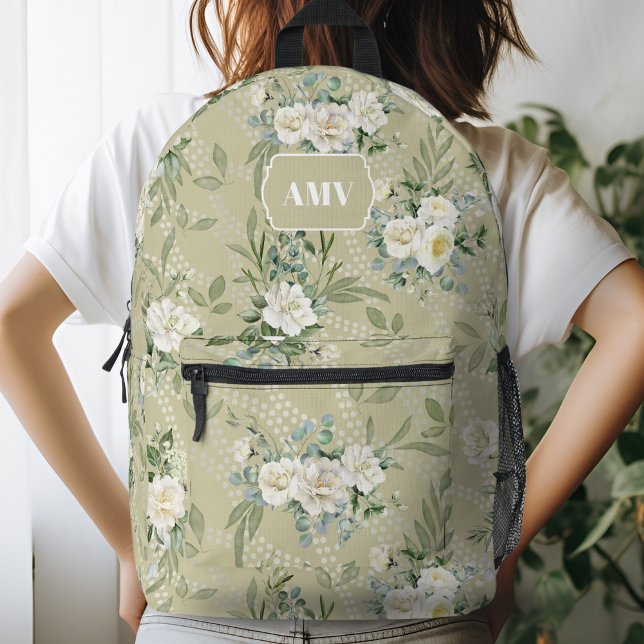 Monogram White Floral and Wavy Dots Printed Backpack (Creator Uploaded)
