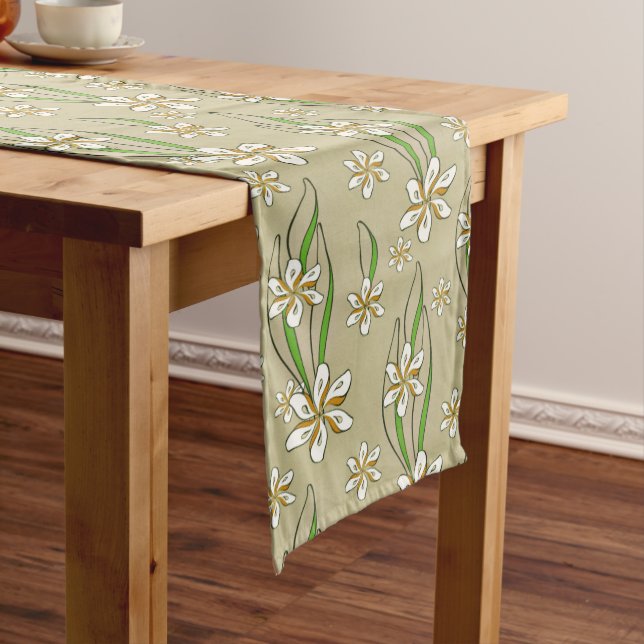 Monogram white floral Beige background Long Table Runner (In Situ)
