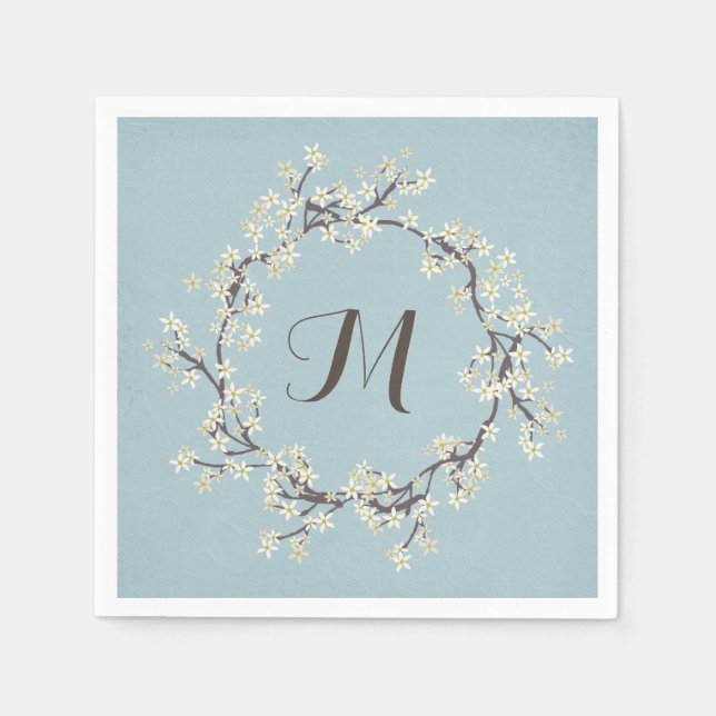 monogram white floral branch wreath on aqua paper napkins (Front)