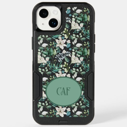 Monogram White Floral Flowers Greenery Eucalyptus  OtterBox iPhone 14 Plus Case