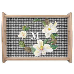 Monogram White Floral Magnolia Black Gingham Check Serving Tray