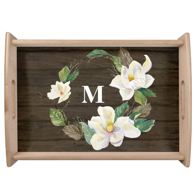 Monogram White Floral Magnolia Wood Black Check Serving Tray (Front)