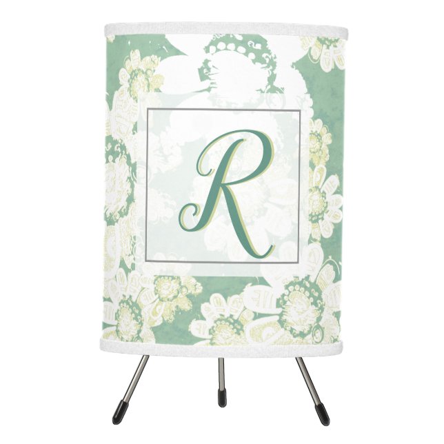 Monogram White floral with Sea-green Tripod Lamp (Front)