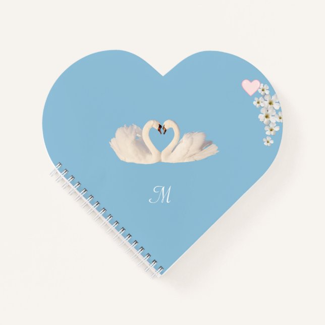 Monogram White Flowers and Swans on Light Blue Notebook (Front)