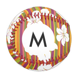 Monogram White flowers on a striped background Baseball