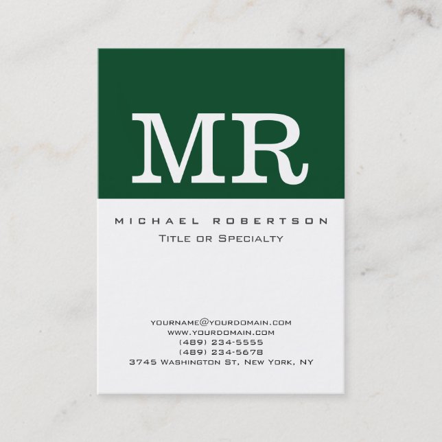 Monogram White Forest Green Chic Business Card (Front)