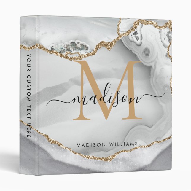 Monogram White Gold Agate Geode Marble School 3 Ring Binder (Front/Spine)