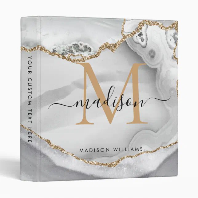 Monogram White Gold Agate Geode Marble School 3 Ring Binder | Zazzle