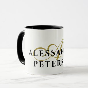 Monogram White Gold Black Name Minimalist Elegant Mug