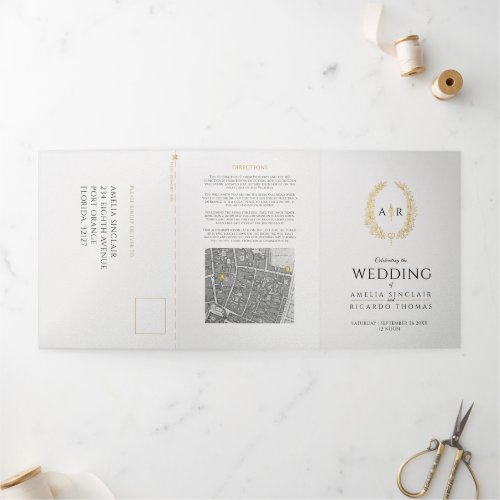 Monogram white gold black wedding meal RSVP map Tri_Fold Invitation