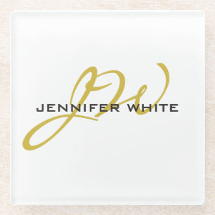 Monogram White Gold Color Plain Modern Minimalist Glass Coaster